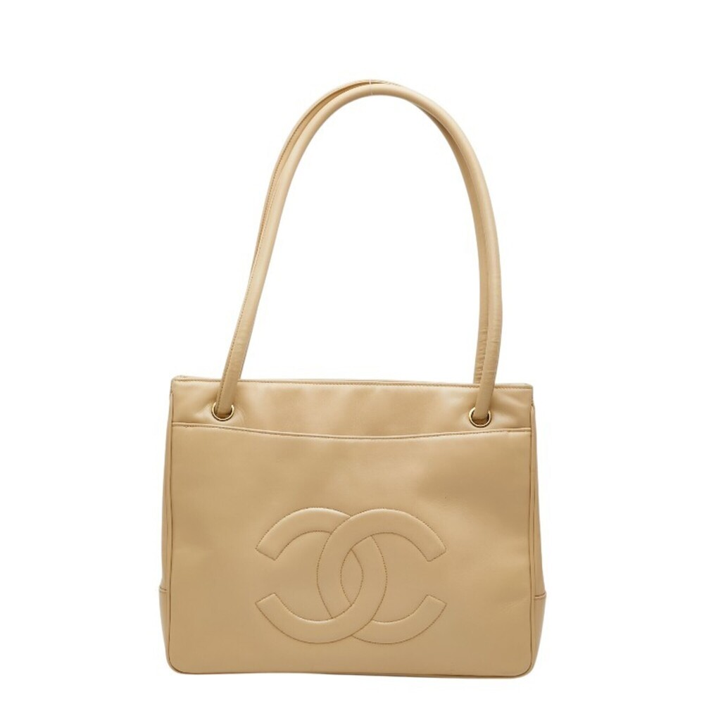 CHANEL Cream Leather Logo Tote Bag